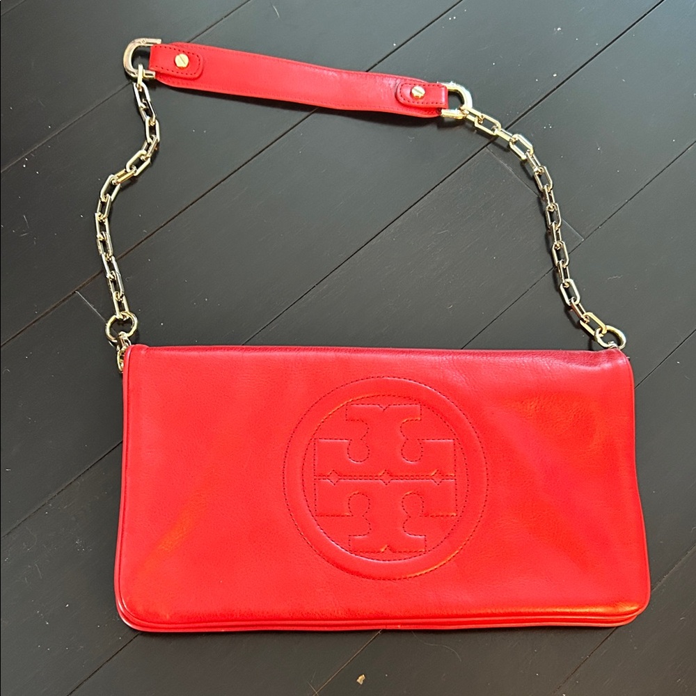 Tory Burch Red Leather Clutch with Chain Strap